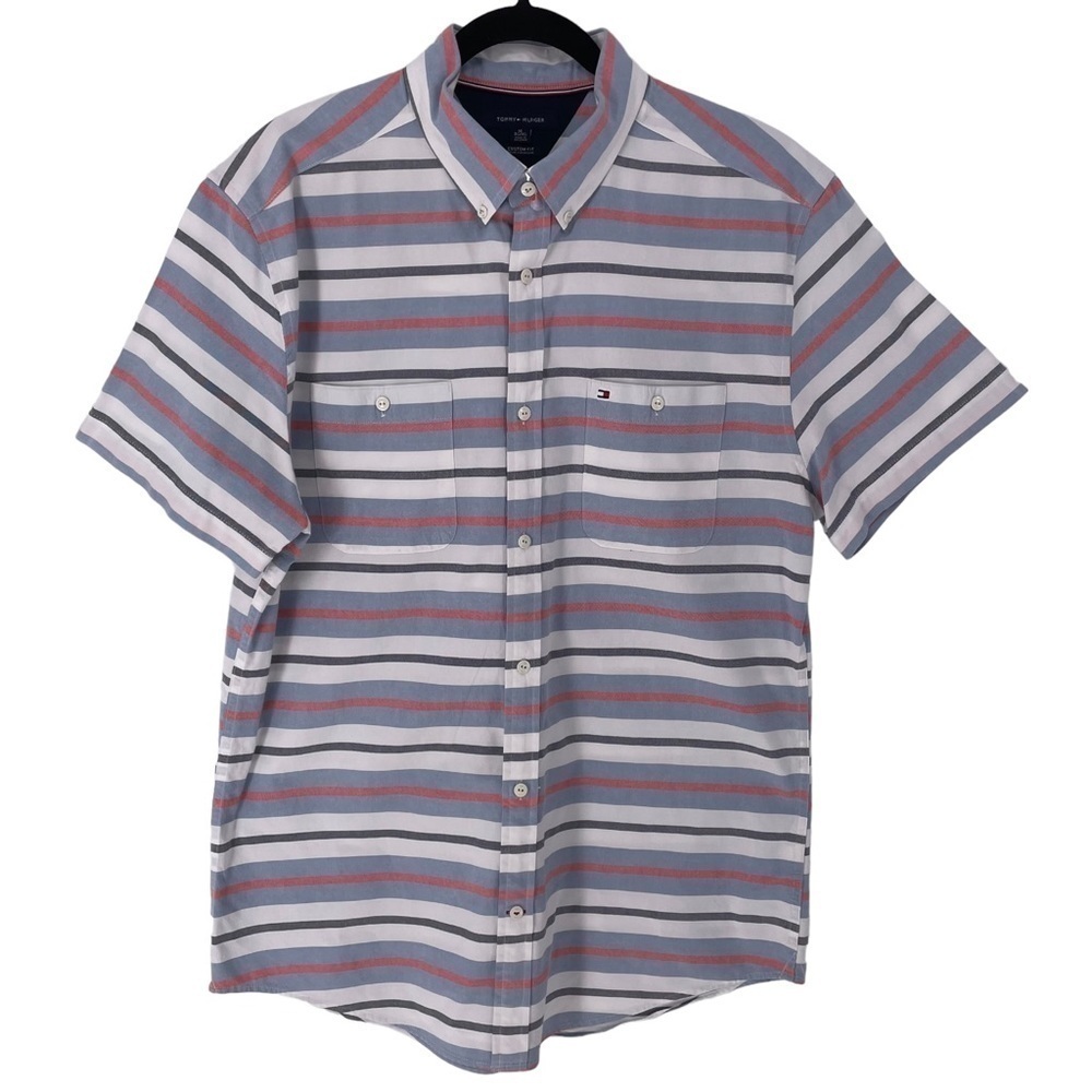 Tommy Hilfiger Classic Striped Short Sleeve Button Down Custom Fit Shirt - Sz XL